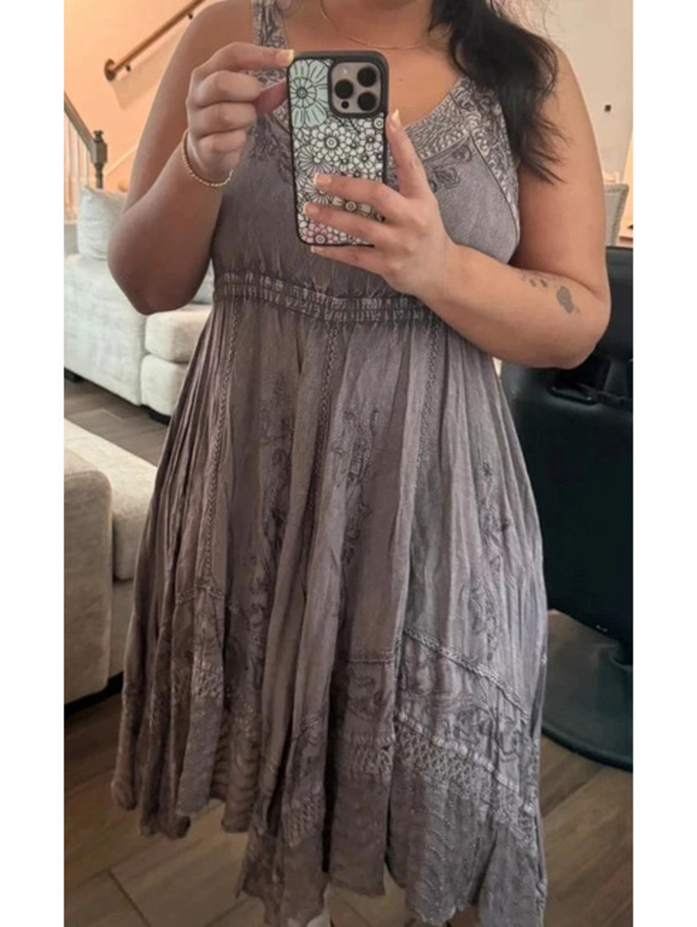 Magic Vintage-Style Acid Wash Embroidered Midi Dress